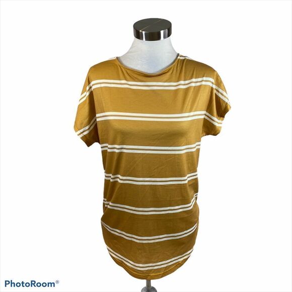 Striped Mustard Button Back Short Sleeved Blouse - Picture 2 of 9